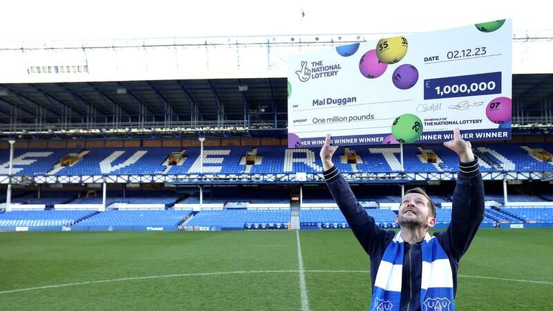 Mal Duggan celebrating his lottery win at Goodison Park (Image: Gareth Jones)