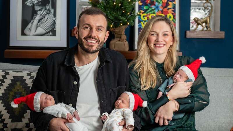 Proud parents Chris Wise and Hannah Gurney with their triplets, Ava, Alba and Emil (Image: SWNS)