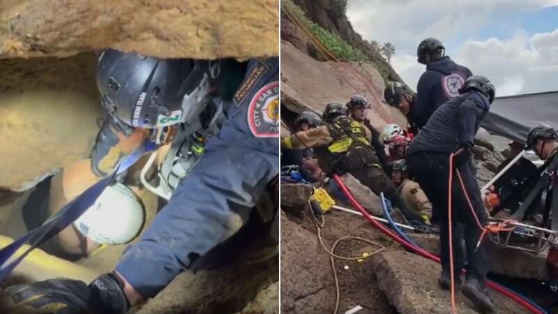 Amazing moment rescuers retrieve man trapped under cliff during storm