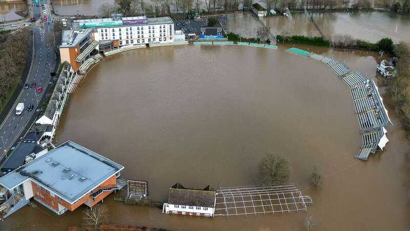 Flooding at New Road Cricket Ground as the River Severn bursts its banks in Worcester as Brits face a wet end to the year (Image: Emma Trimble / SWNS)