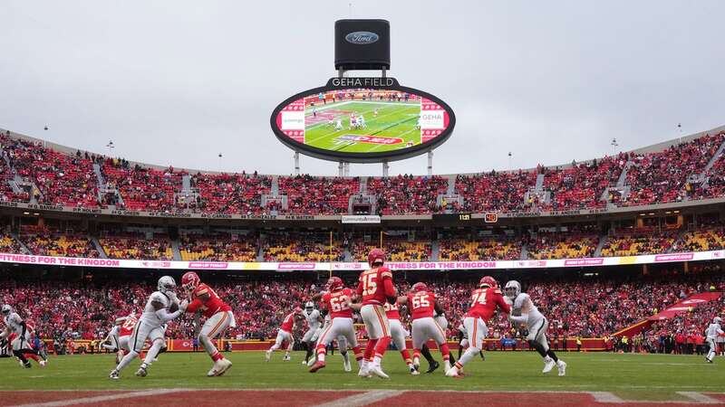 A general overall view as Kansas City Chiefs quarterback Patrick Mahomes (15) throws the ball against the Las Vegas Raiders