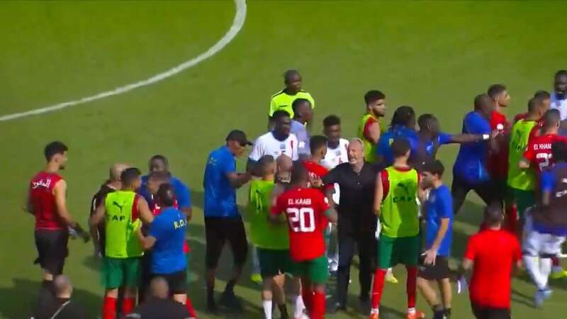 Morocco manager Walid Regragui and Congo captain Chancel Mbemba shared a heated exchange (Image: beIN Sports)