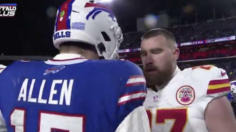 Travis Kelce and Josh Allen embrace on the field after Kansas City Chiefs latest play-off win over the Buffalo Bills (Image: No credit)