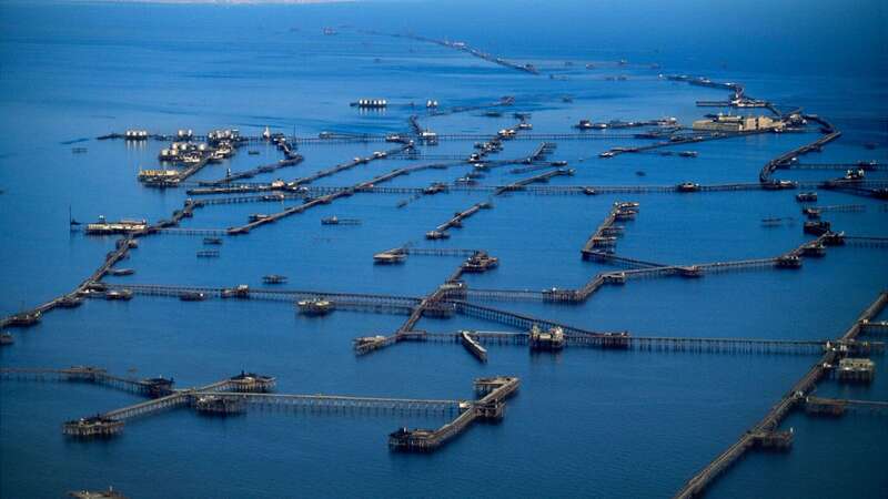 The chain of islands making up the floating city known as Neft Dashlari, near Azerbaijan (Image: Getty Images)