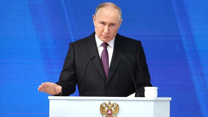 Russian President Vladimir Putin during his two-hour speech today (Image: Anadolu via Getty Images)