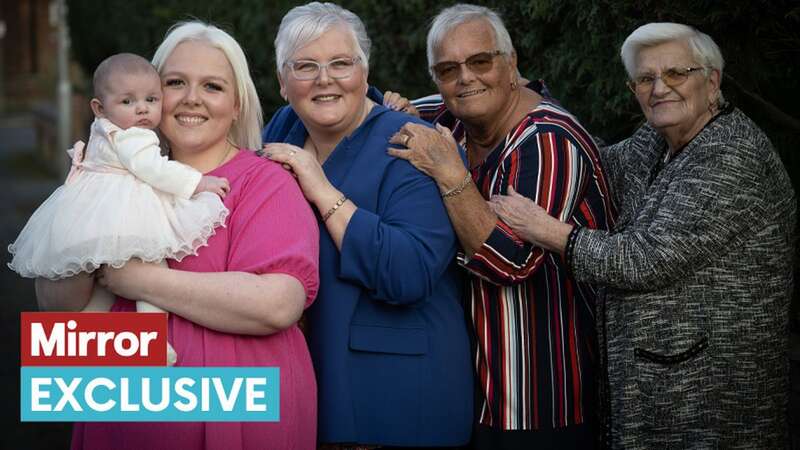 From left Lyla-Rose Alice 2 months with mum Alice, Grandma Louise, Great Gran Brenda with Great Great Gran Alice (Image: Andy Stenning/Daily Mirror)