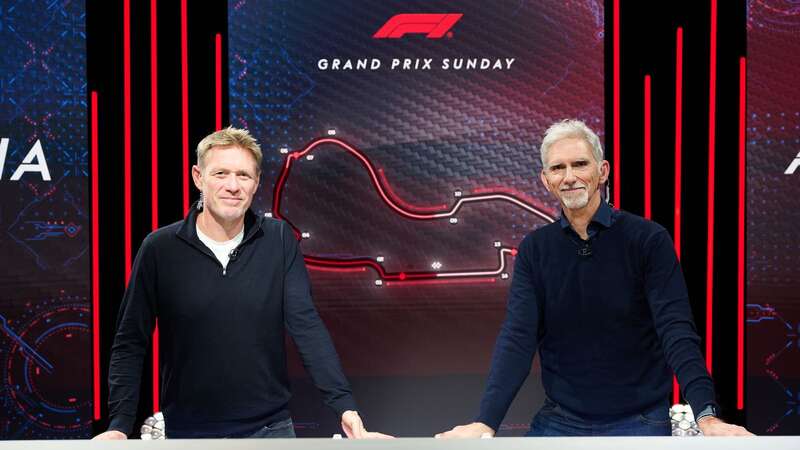 Simon Lazenby and Damon Hill pose in the Sky Sports studio, the hub of the broadcaster