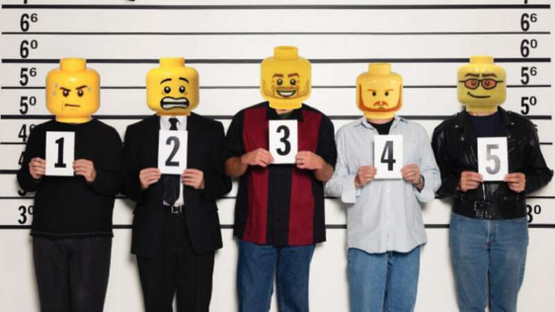 A line up of suspects holding numbers with Lego head blocks digitally superimposed on their faces (Image: (Image: Murrieta Police Department))