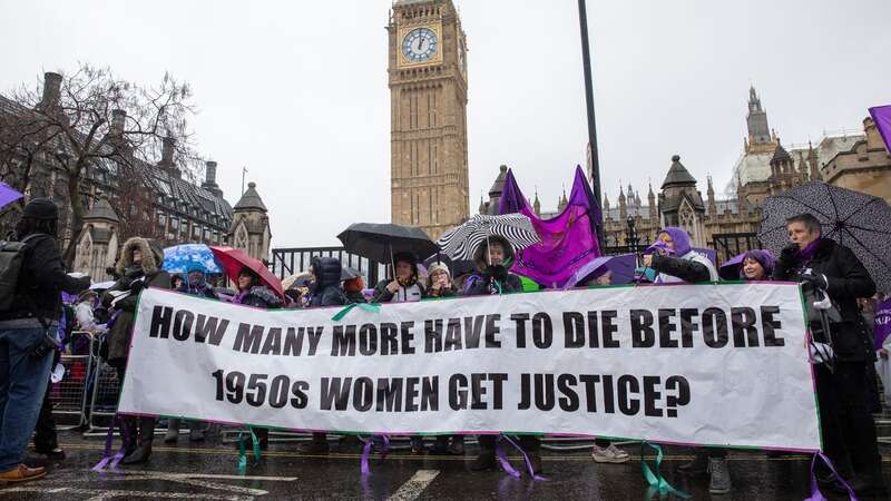 Women from the WASPI (Women Against State Pension Inequality) campaign assemble outside Parliament during Prime Minister