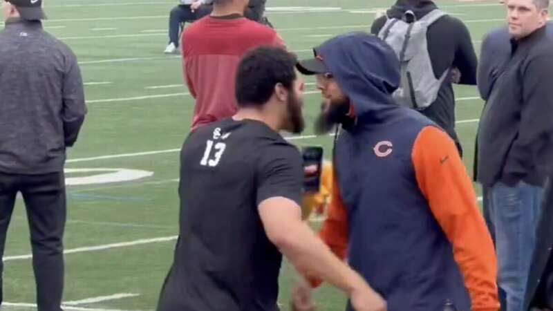 Caleb Williams and Keenan Allen embraced at USC Pro Day ahead of the 2024 NFL season (Image: Twitter)