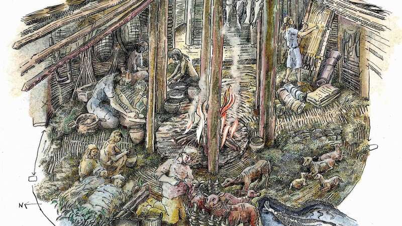 An illustration of what every day life might have looked like inside Bronze Age structures discovered in the UK (Image: Judith Dobie/Historic Eng/SWNS)