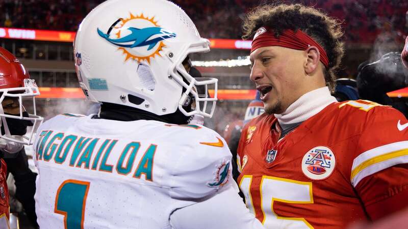 Patrick Mahomes with Tua Tagovailoa after an NFL wild-card playoff football game at Arrowhead Stadium (Image: Getty)