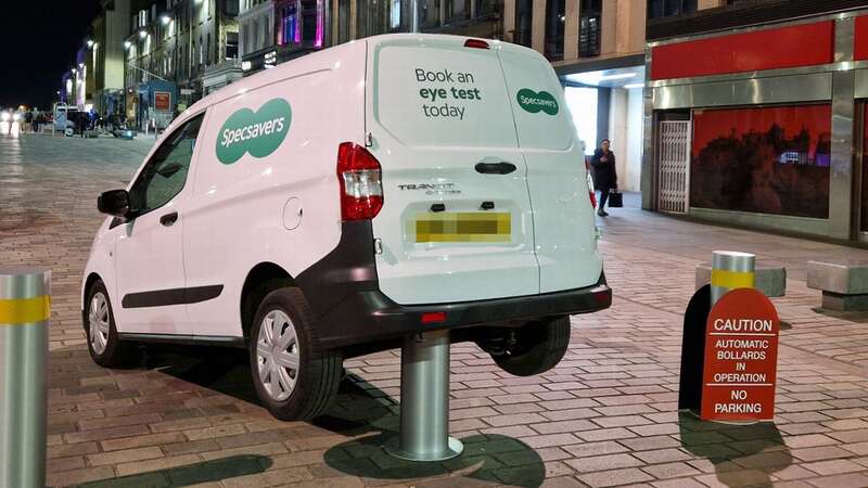 Specsavers van stranded on pop-up bollard in 