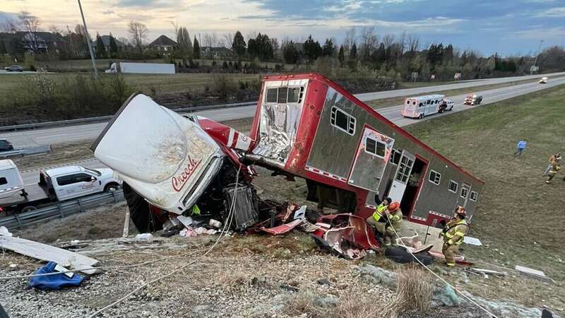 The wrecked truck and trailer in which three horses died and four were critically injured (Image: Bardstown Fire Department/Facebook)