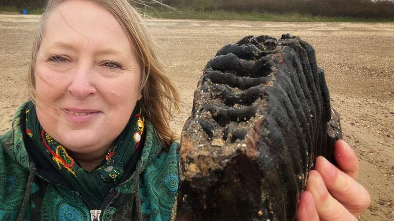 Chris Bien, a fossil hunter, with her mammoth tooth discovery (Image: Christine Bien/SWNS)