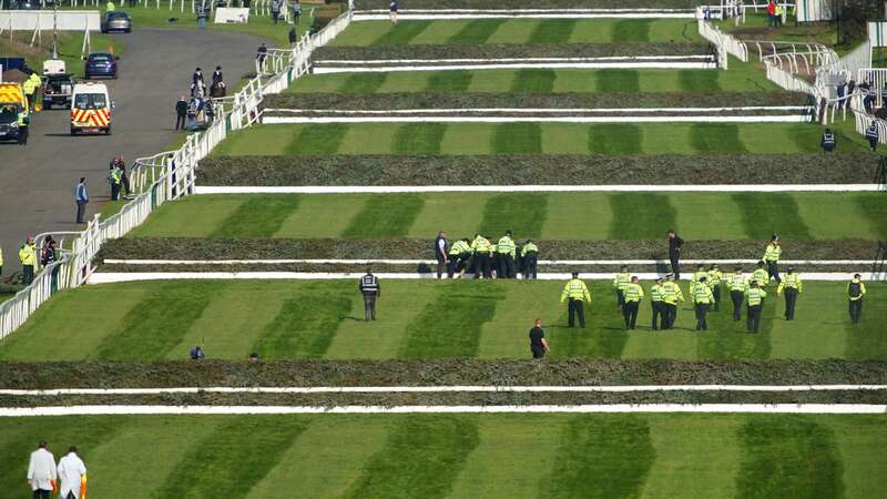 Police tackle protestors before the start of the 2023 Grand National (Image: PA)