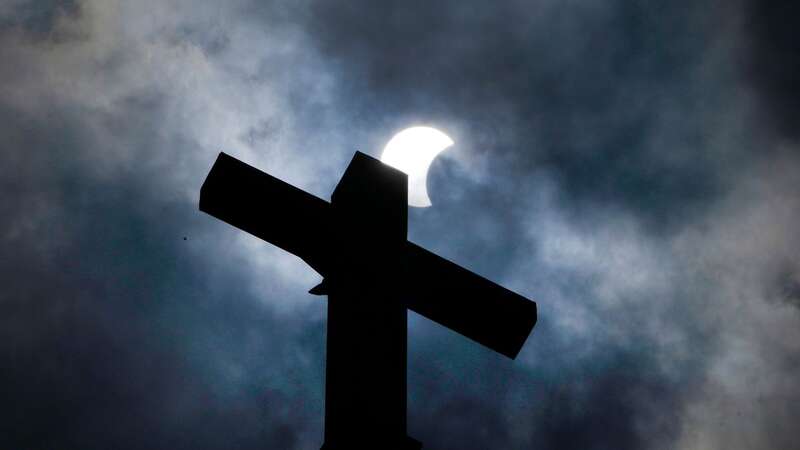 View of the solar eclipse near the New Sweden Evangelical Lutheran Church steeple in Manor, Texas (Image: AP)