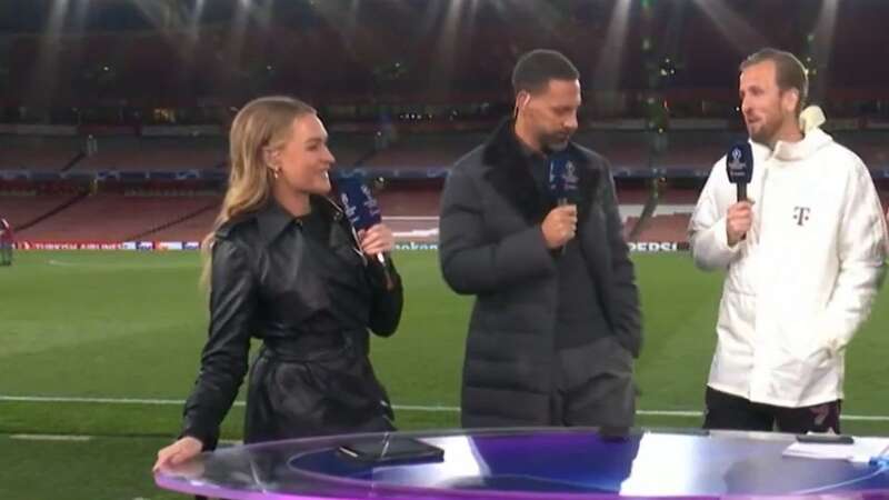 Laura Woods laughed as Harry Kane explained how he scored his penalty against Arsenal (Image: TNT Sports)