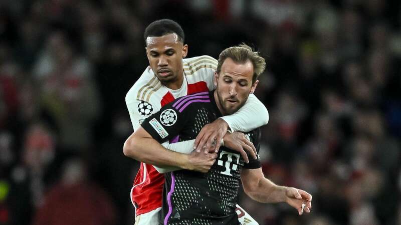 Harry Kane jostles for the ball with Gabriel (Image: DeFodi Images via Getty Images)