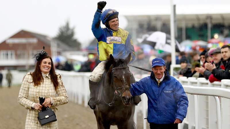 Harry Skelton riding Langer Dan celebrates victory in the Coral Cup Hurdle (Image: Getty Images)