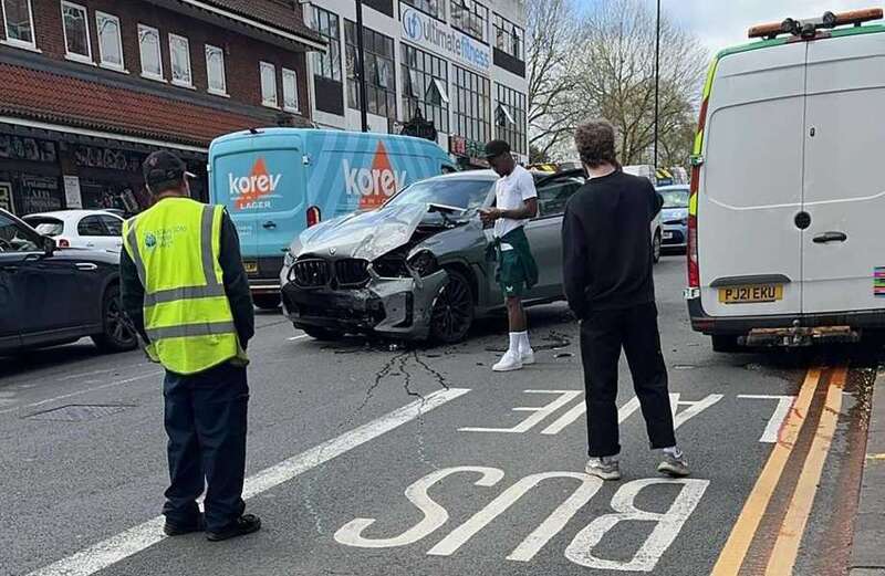 The bonnet of his grey £73,000 car was crumpled