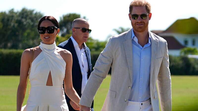 Prince Harry, right, and wife Meghan Markle, Duchess of Sussex, arrive for the 2024 Royal Salute Polo Challenge to Benefit Sentebale (Image: AP)