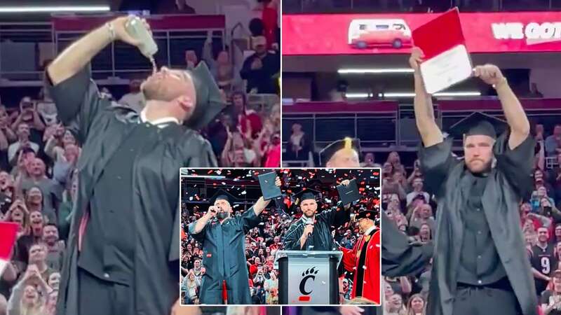 Travis Kelce celebrated receiving his diploma in typically bombastic style at the live podcast show (Image: Dan Hoard)