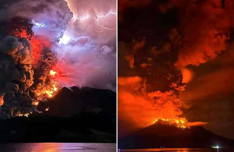 Watch dramatic footage of Mount Ruang erupting as clouds of red fiery smoke rip through the sky