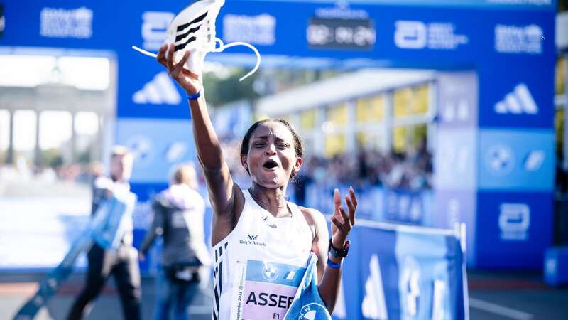 Tigist Assefa celebrates her female world record in Berlin last September. (Image: Getty Images)