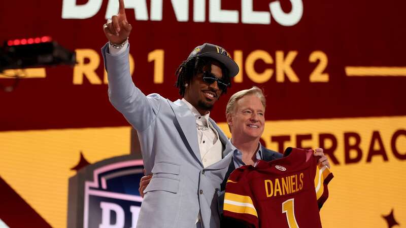 Jayden Daniels poses with NFL Commissioner Roger Goodell after being selected second overall by the Washington Commanders (Image: Getty)