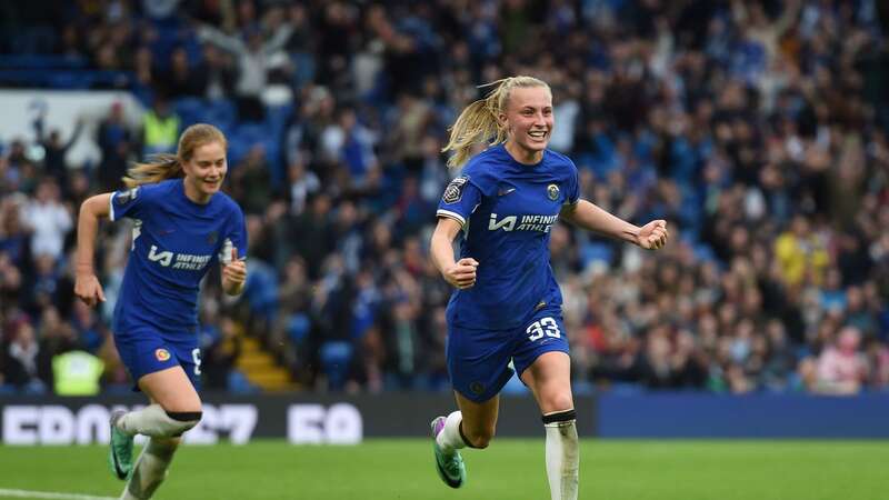 LONDON, ENGLAND - NOVEMBER 18: Aggie Beever-Jones of Chelsea celebrates after scoring her team