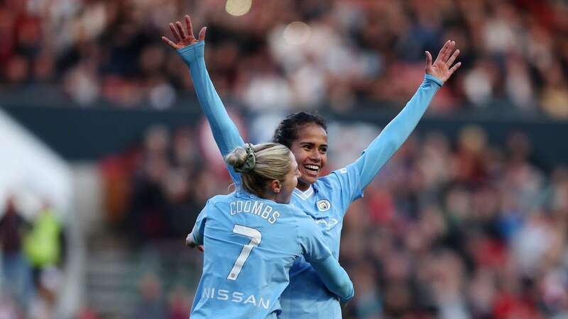 BRISTOL, ENGLAND - APRIL 28: Mary Fowler of Manchester City celebrates with Laura Coombs of Manchester City after scoring her team