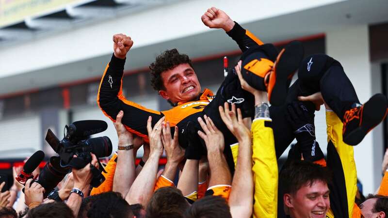 Lando Norris celebrates with McLaren colleagues after winning in Miami (Image: Getty Images)