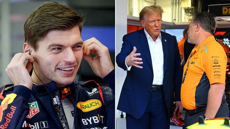 Donald Trump speaking with Lando Norris as Max Verstappen does media interviews after the Miami Grand Prix (Image: Getty Images)