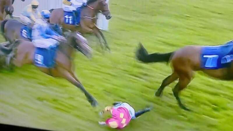 Hey Day Baby clears a hurdle before almost landing on Sean Bowen (Image: Racing TV)