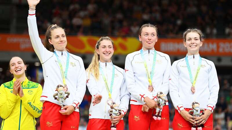 Grace Lister, Josie Knight, Laura Kenny and Maddie Leech of Team England at the Commonwealth Games in 2022