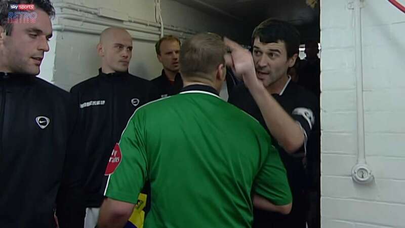 Roy Keane [R] and Patrick Vieira [not pictured] clashed in the Arsenal tunnel in February 2005 (Image: Sky Sports Retro/Youtube)