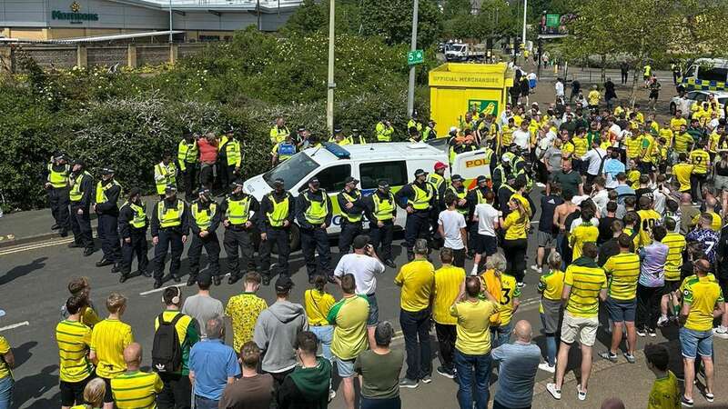 Police are said to have arrested two men after a Leeds fan was allegedly slashed at Norwich (Image: @FBAwayDays)