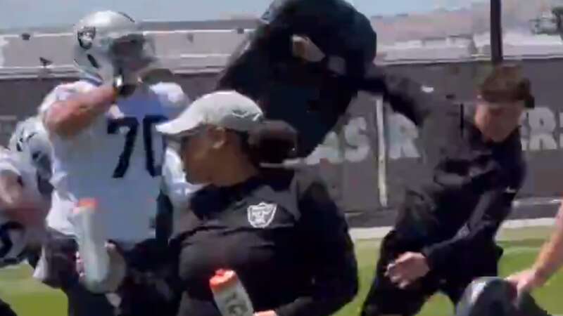 Jackson Powers-Johnson sent Raiders coach Deandre Pierce flying five yards backwards after the hit (Image: Raiders/NFL)