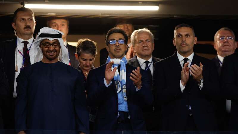 The Manchester City owner Abu Dhabi royal Sheikh Mansour bin Zayed Al Nahyan (centre with scarf) next to chairman Khaldoon Al Mubarrak (right) (Image: Tom Jenkins)