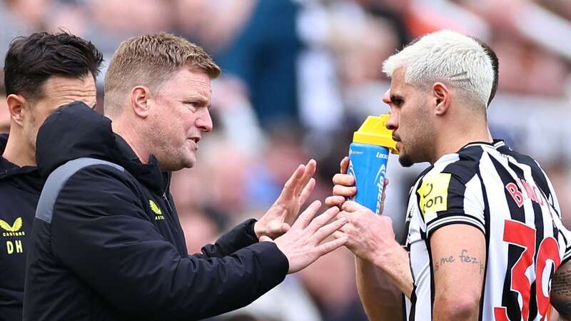 Bruno Guimaraes waves to Newcastle fans after the final game against Brentford (Image: Richard Heathcote/Getty Images)