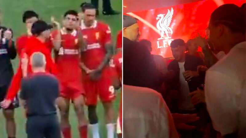 Darwin Nunez dancing alongside Jurgen Klopp and the Liverpool squad (Image: @AnythingLFC_)