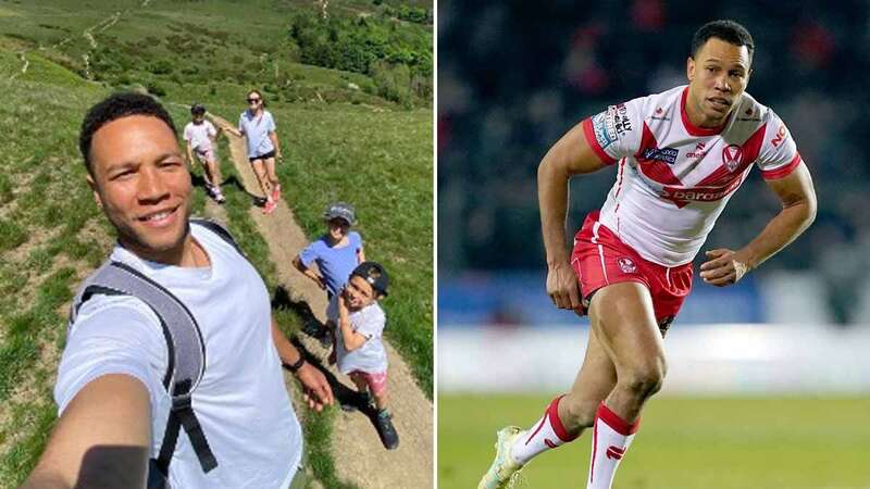 Moses Mbye, left, with his family in the Peak District and in action for St Helens