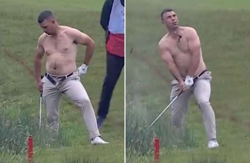 Pro golfer leaves fans baffled as he plays topless with unbuttoned trousers