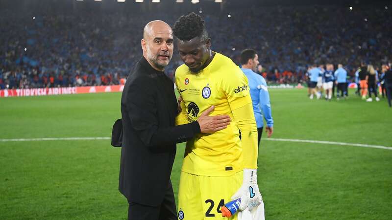 Andre Onana and Pep Guardiola (Image: Michael Regan/UEFA)