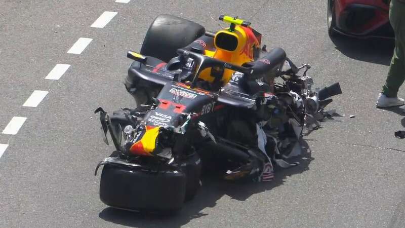 The wreckage of Sergio Perez