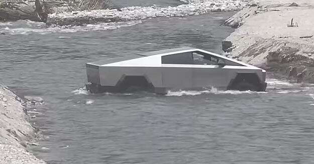 Watch the moment the Cybertruck got stuck in a river in a driver blunder