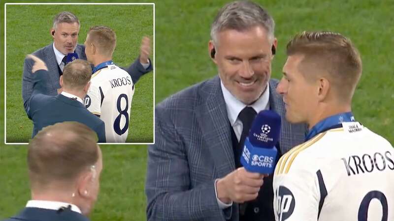 Jamie Carragher was told off while speaking to Toni Kroos (Image: CBS Sports)