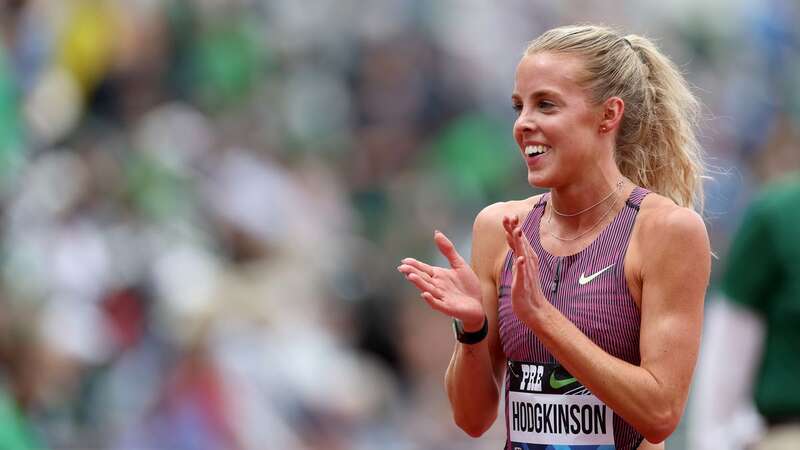 Keely Hodgkinson celebrates winning at the Pre Classic in Oregon last month, her only 800m of the season so far.