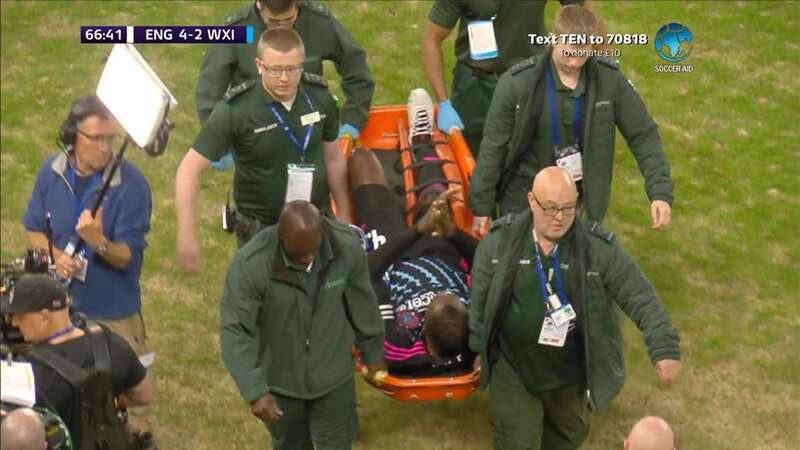 Usain Bolt stretchered off during Soccer Aid (Image: ITV)